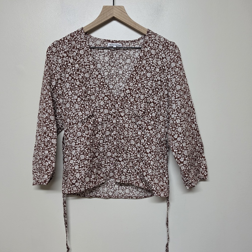 Reformation Artesia Top S Brown Floral Tie Back V Neck 3/4 Sleeve Tencel